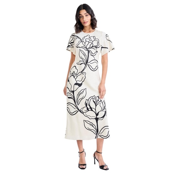 Maggy London Dresses & Skirts - Maggy London Satin Charmeuse Floral Print Short Sleeve Midi Dress Size 14